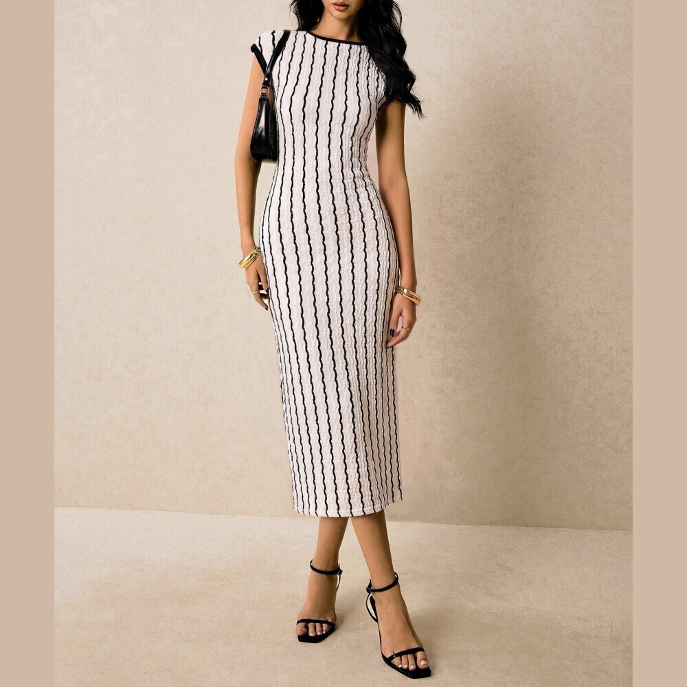White Black Striped Textured Cap Sleeve Bodycon Midi Dress